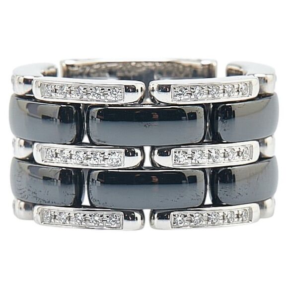Chanel Ultra Au750 White Gold Black Ceramic Ring Size 8 - Picture 1 of 7